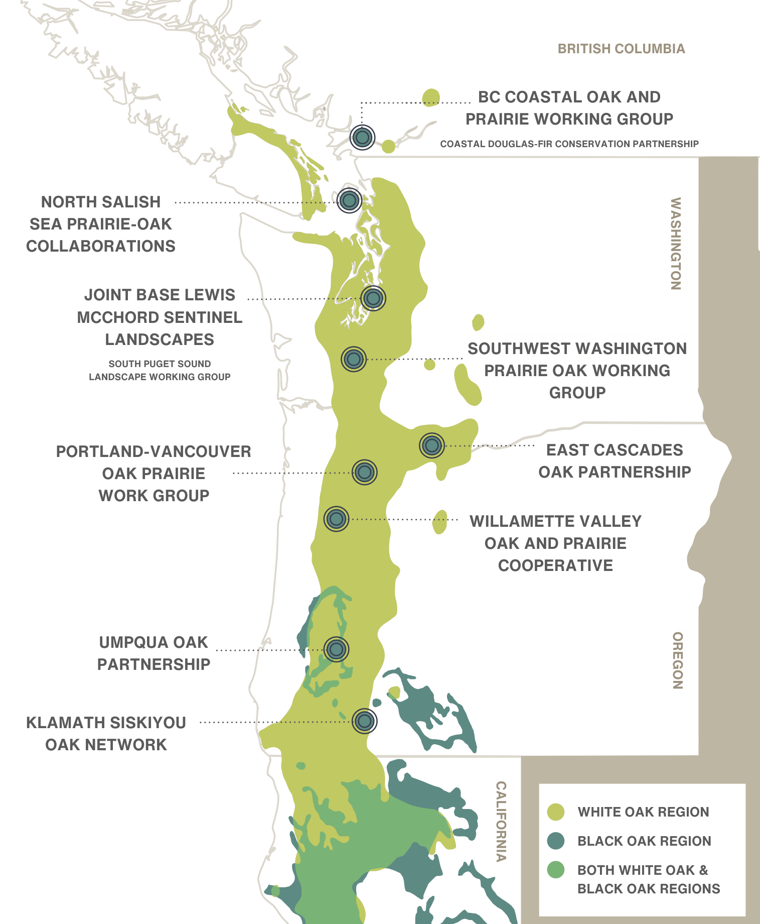 Map of partners in the Washington, Oregon and California states, including British Columbia.